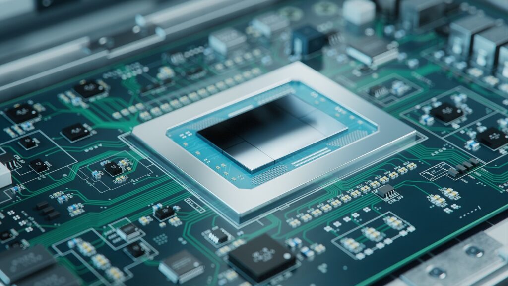 Shot of Generic Printed Circuit board with Microchips and other Components during Production Process.