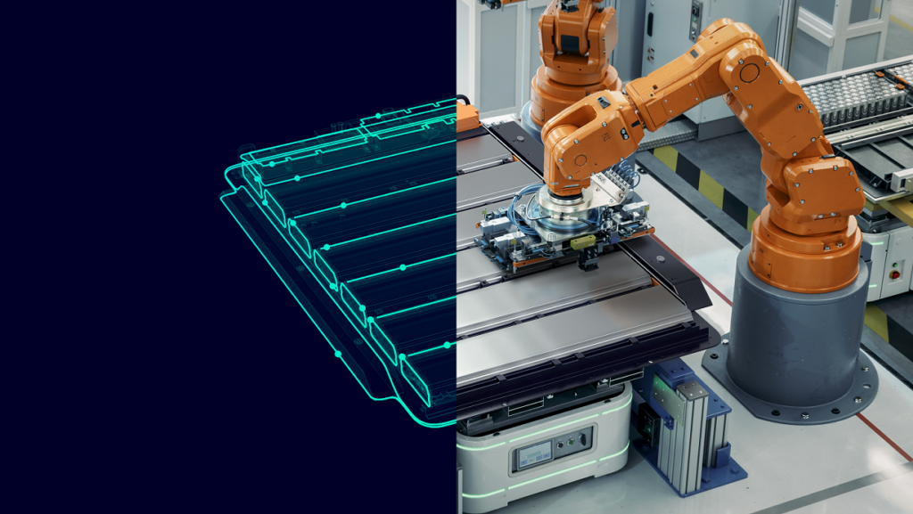 Bild aus der Produktion von Autobatterien - split screen: reales Bild und Visualisierung digitaler Zwilling