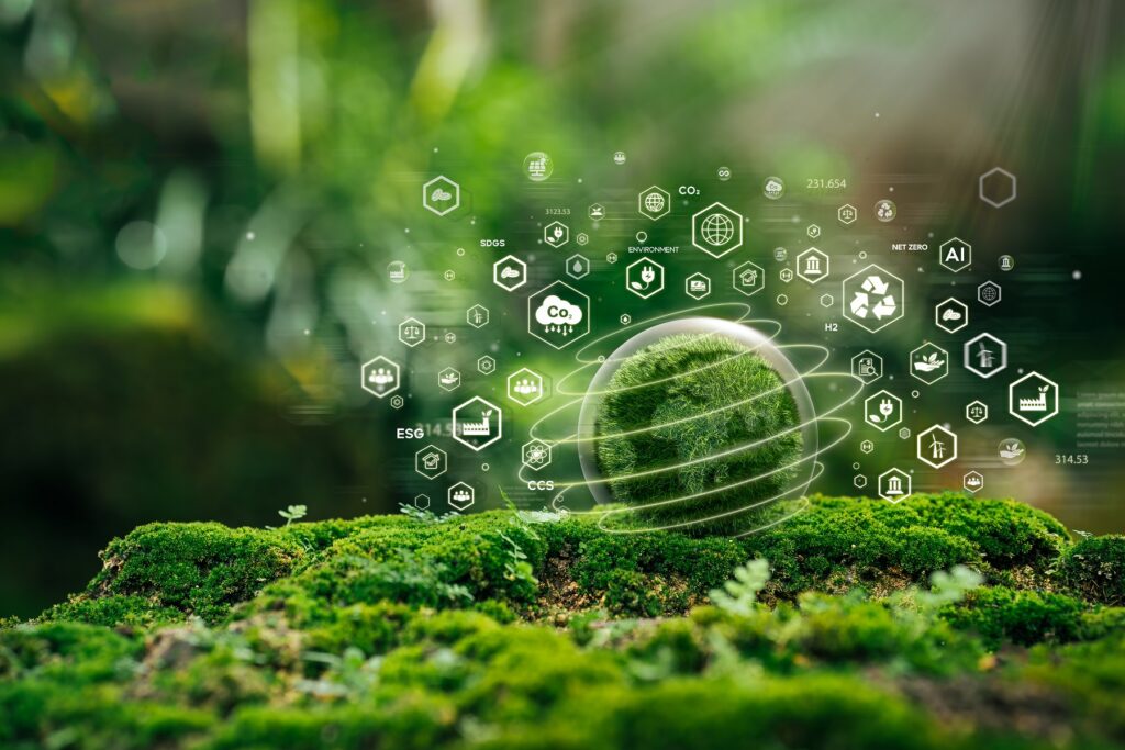 Green globe on moss in a green forest. Icons scattered around green globe.