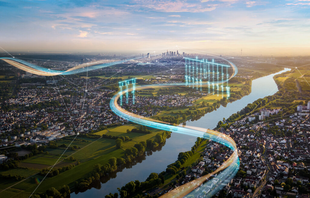 River main near Mainhausen and in the background the skyline of Frankfurt