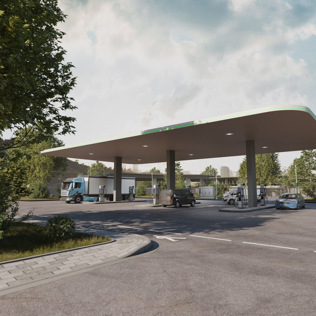 Visualisierung eines EV-Ladehubs mit Lademöglichkeiten für verschiedene Leistungsstufen