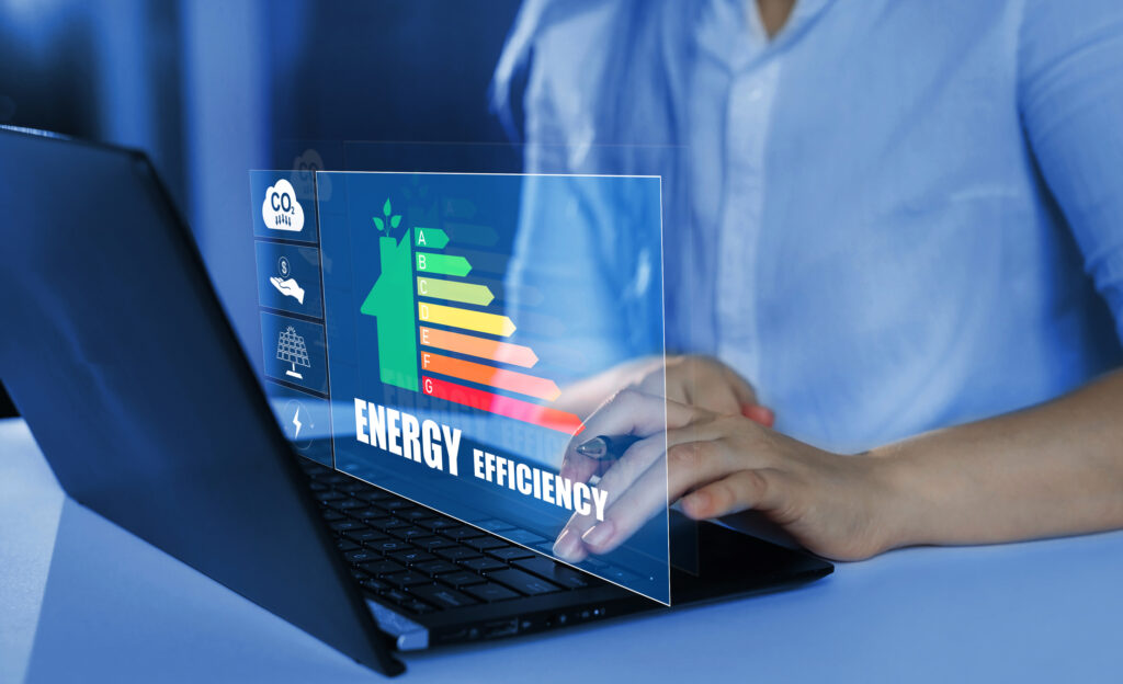 Efficiency energy rating concept. Sustainable development and eco house. Ecological house with low consumption on renovation with insulation