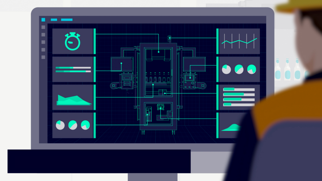 Grafik Arbeiter mit Helm auf dem Kopf seitlich vor einem Bildschirm mit diversen Dashboards