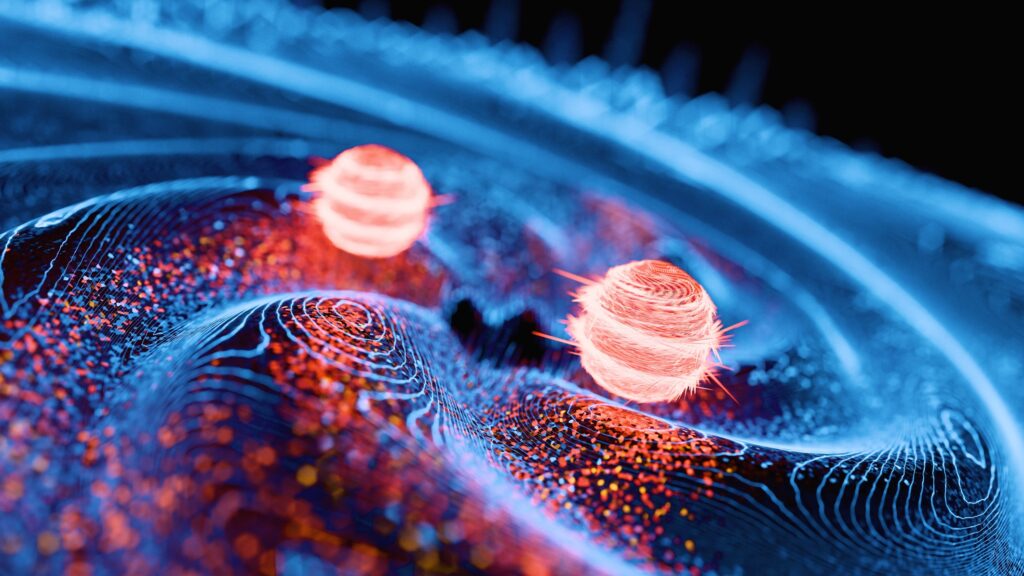Quantum Entanglement - 3d rendered image Abstract visualization of a Two entangled particles connected by a glowing beam of light, representing quantum entanglement and non-local connections in quantum physics.