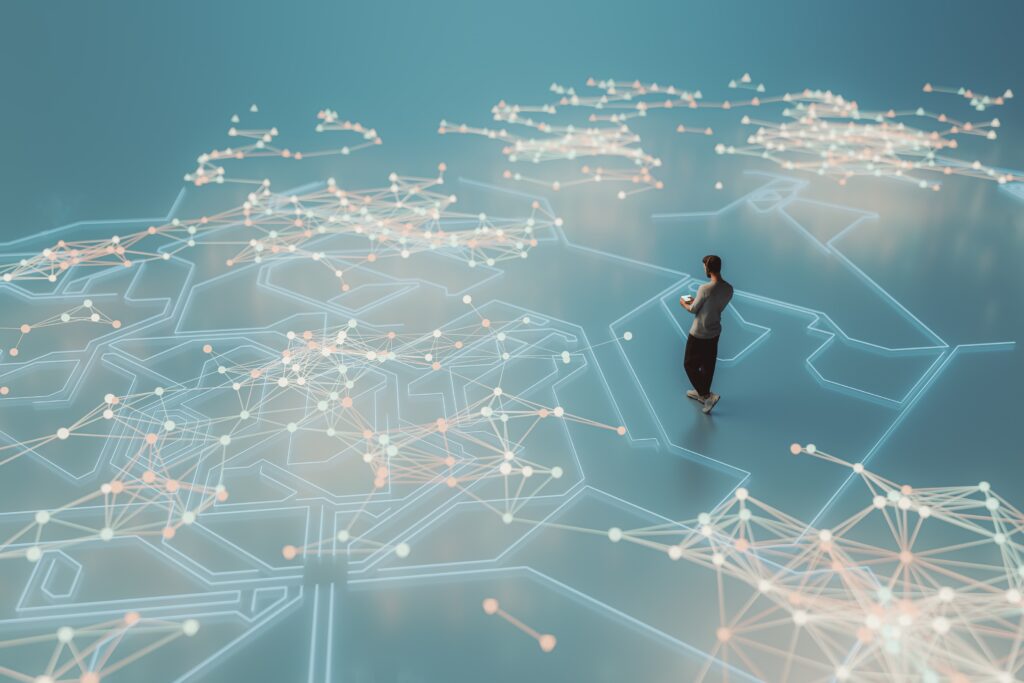 Young man walking and listening to music in VR environment. 3D generated image.