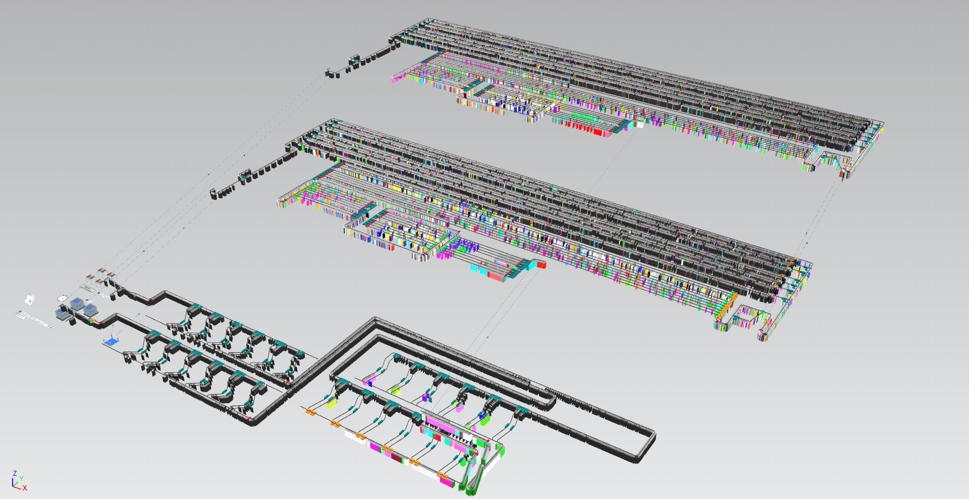 Simulationsmodell der Pilotanlage in der Software Tecnomatix Plant Simulation.