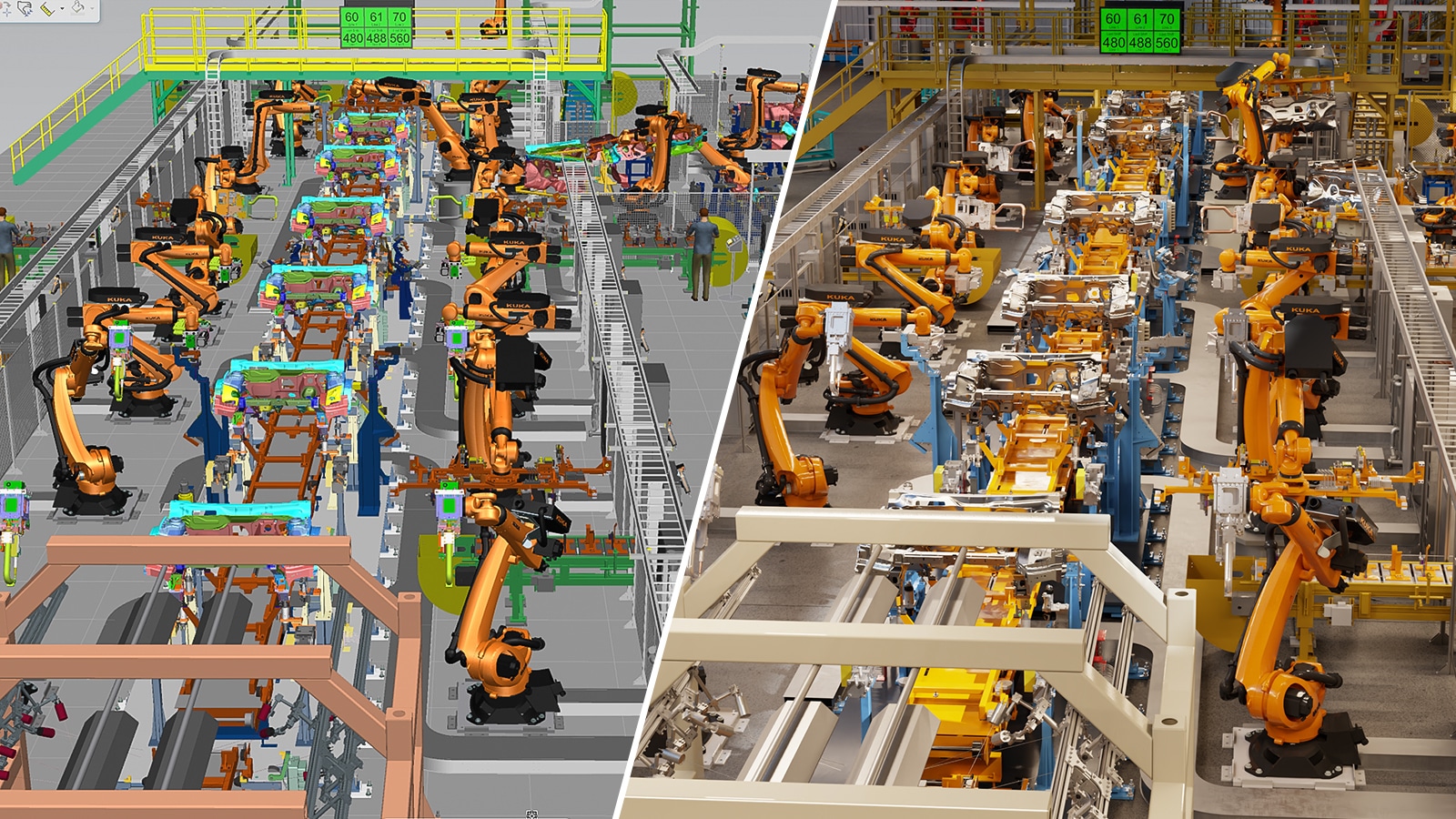 Siemens Process Simulate (links) ist mit NVIDIA Omniverse (rechts) verbunden, um einen fotorealistischen, digitalen Zwilling mit voller Designtreue in Echtzeit zu ermöglichen